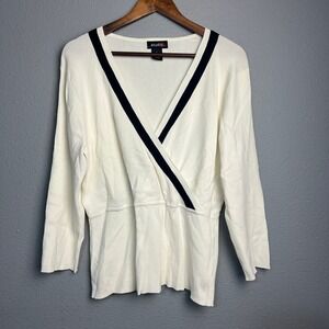 Studio‎ C Cream Faux Wrap Front Top Long Sleeve Knit Blouse Size L Grannycore